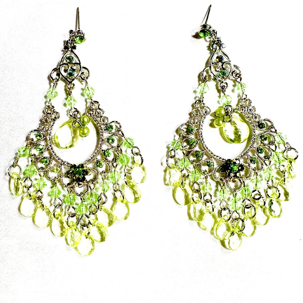 Antique Silver Rhinestone Chandelier Earrings with Green Accents